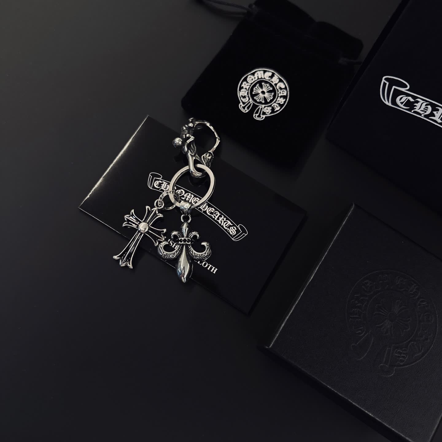 Chrome Hearts Silver Keychain with Cross and Fleur-de-lis Charms
